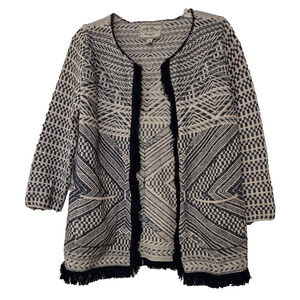 Lucky Brand Cardigan Sweater Women's M Beige Tan Navy Fringe Open Front Aztec